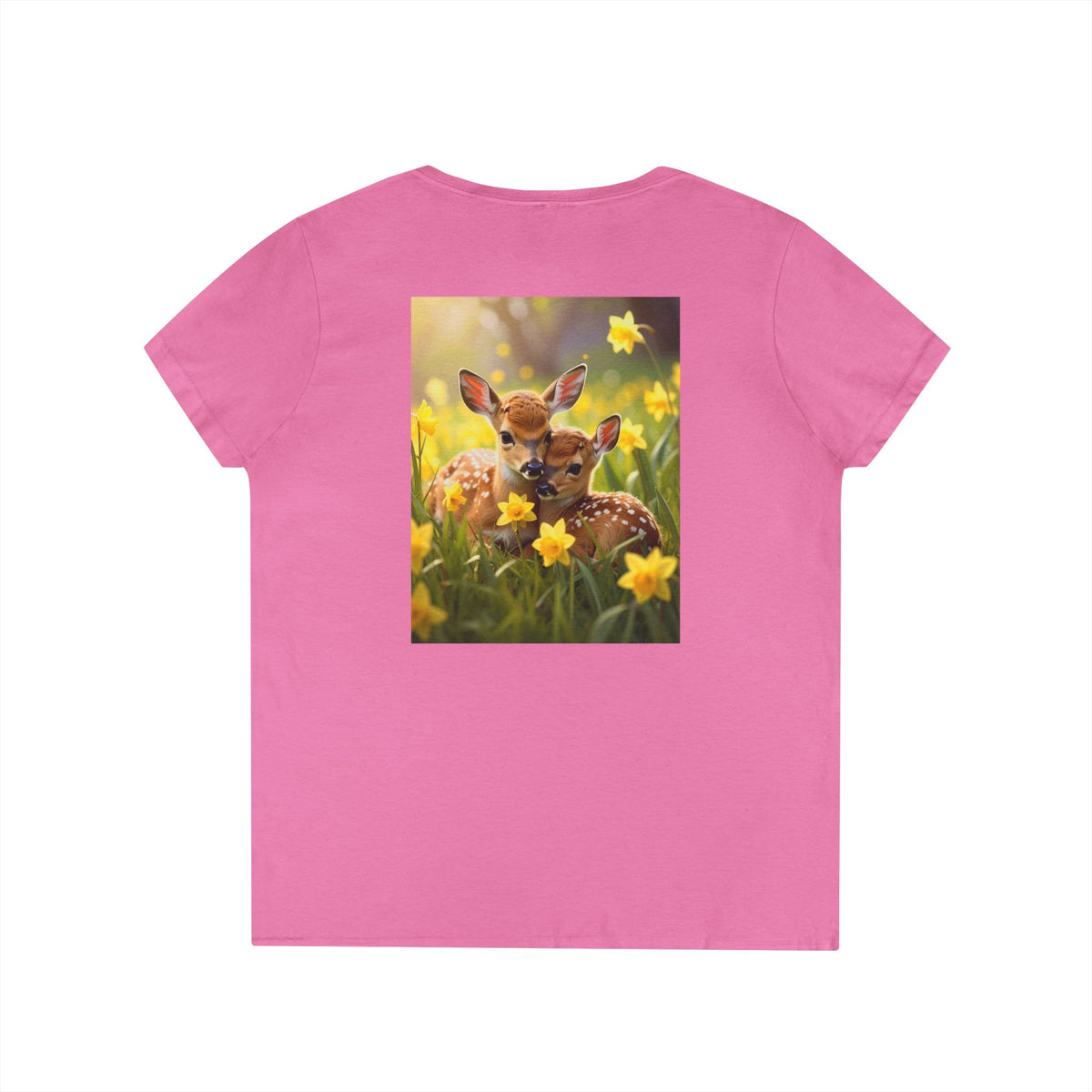 Spring Fawn V-Neck T-Shirt — Cute Baby Deer with Daffodils