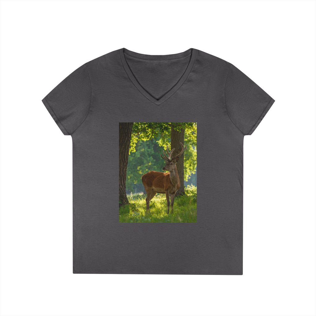 Deer in Sunlit Forest Ladies' V-Neck T‑Shirt