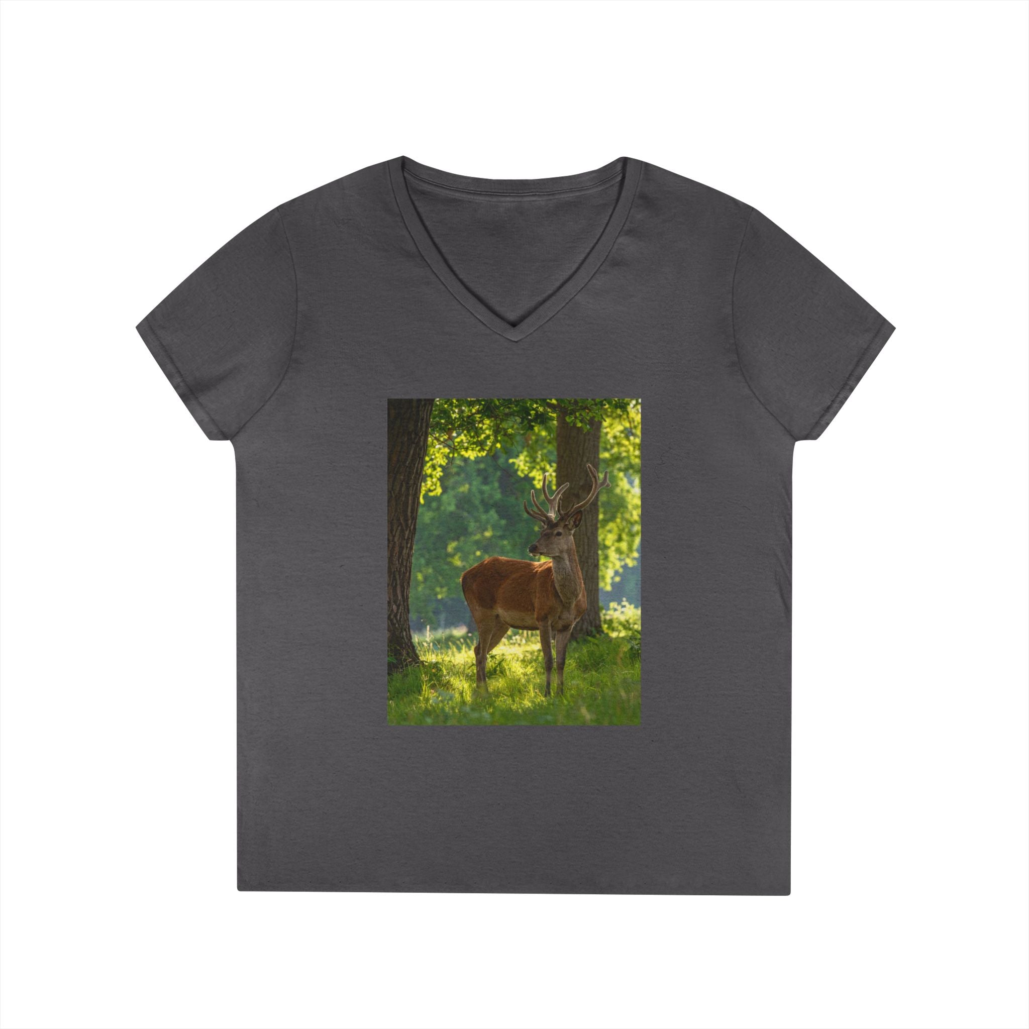 Deer in Sunlit Forest Ladies' V-Neck T‑Shirt