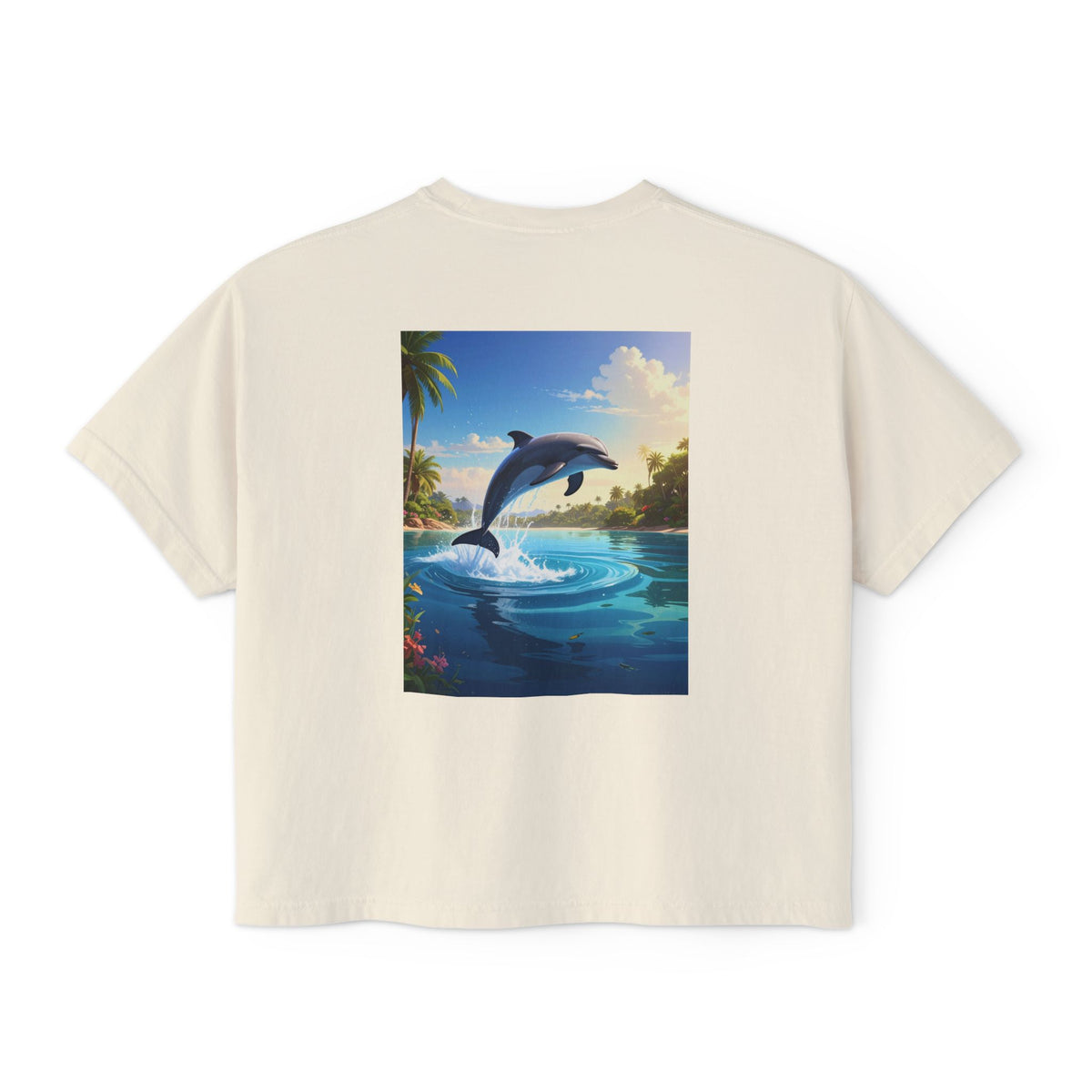 Dolphin Sunset Tee — Women's Boxy T‑Shirt, Tropical Ocean Jump Graphic