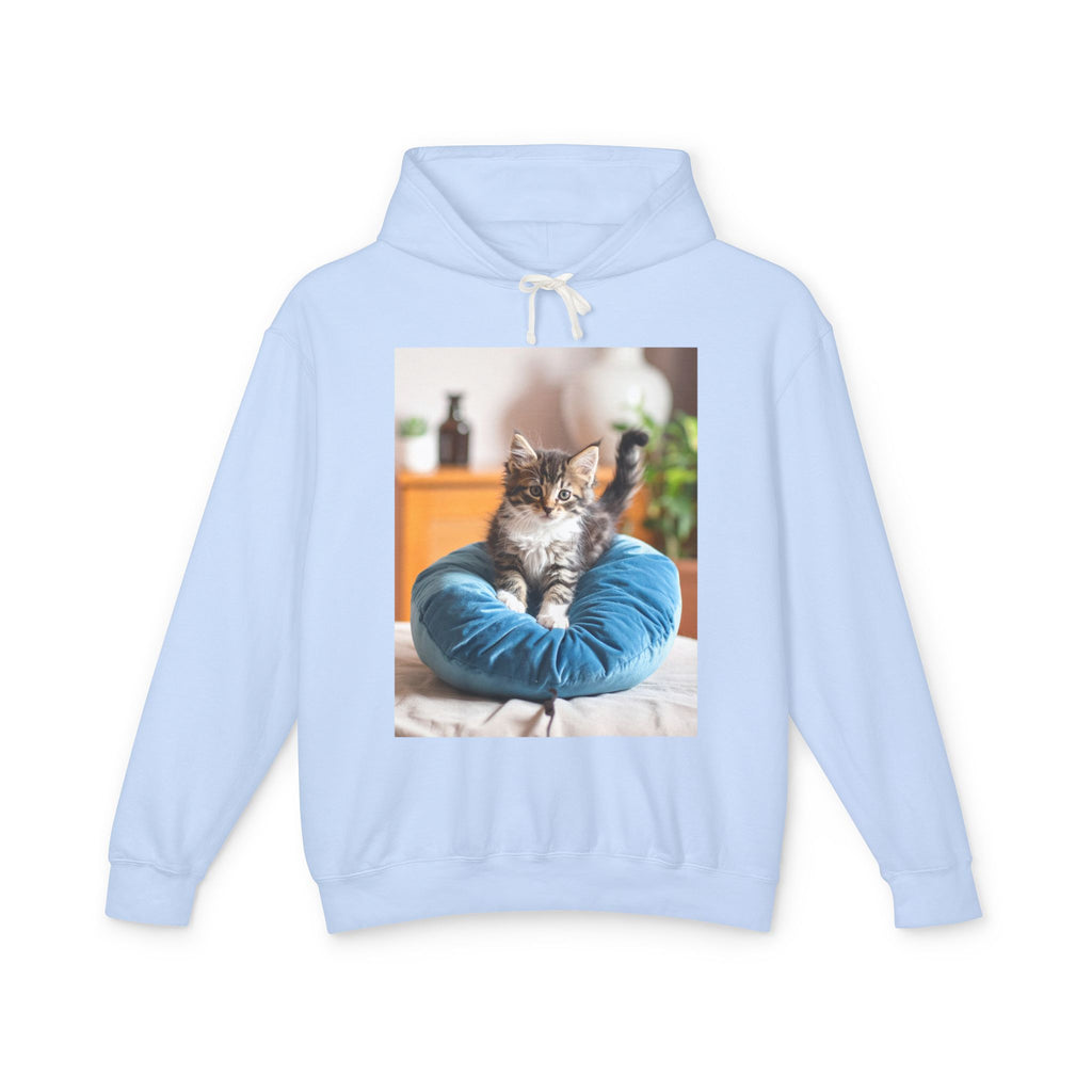 Kitten Photo Hoodie — Cozy Cat on Blue Cushion Pullover