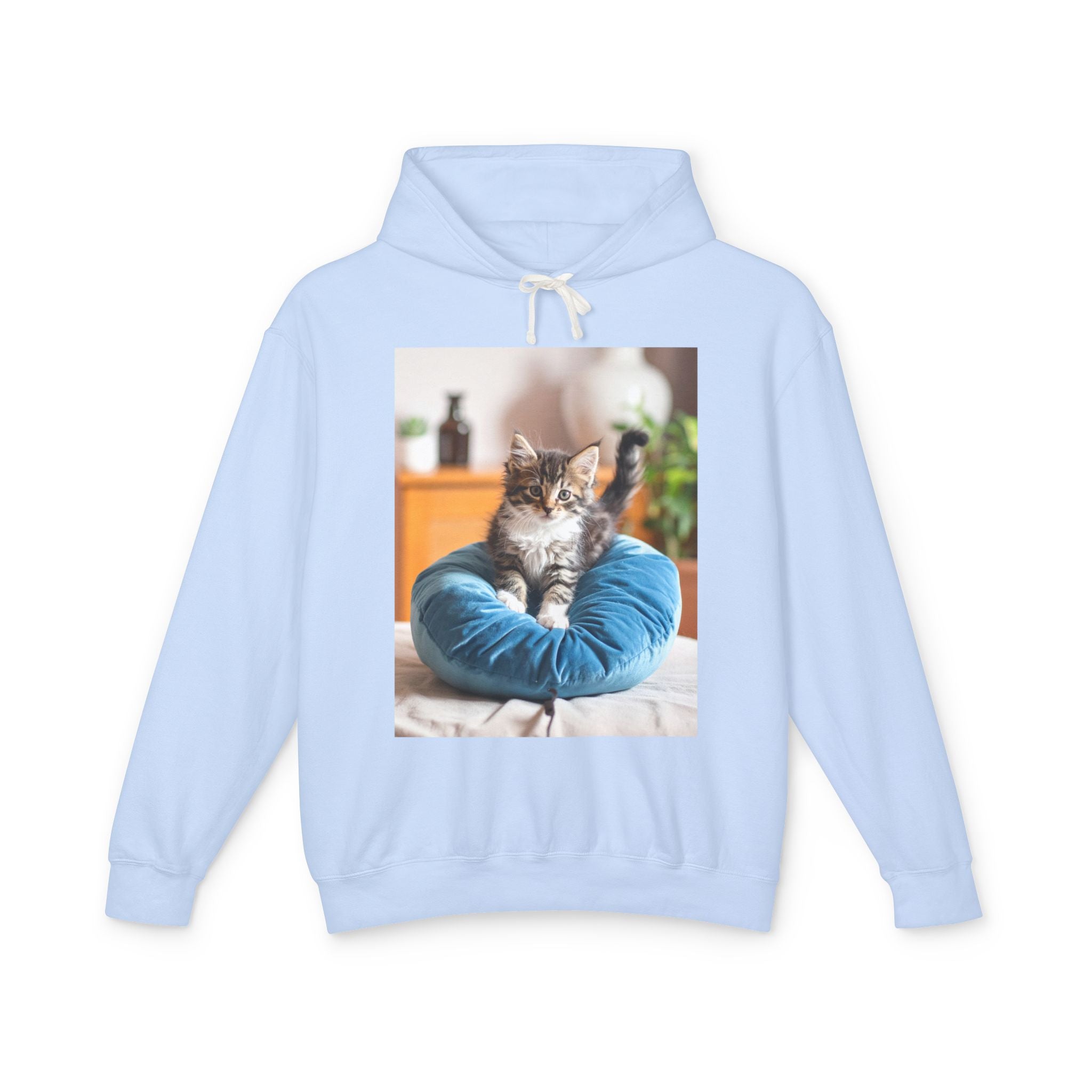 Kitten Photo Hoodie — Cozy Cat on Blue Cushion Pullover