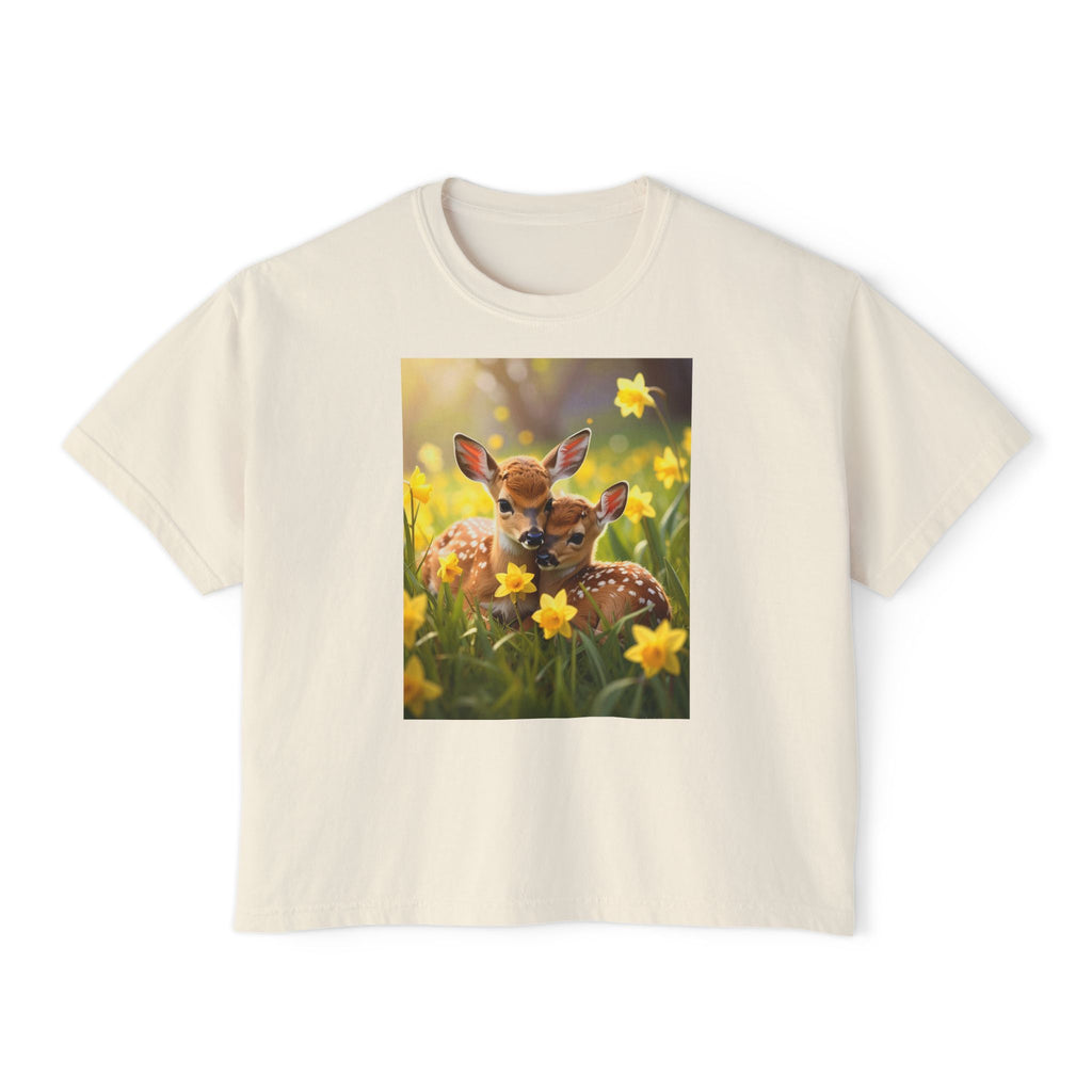 Deer Fawn & Daffodil Graphic Tee — Cute Spring Nature Women's Boxy T-Shirt