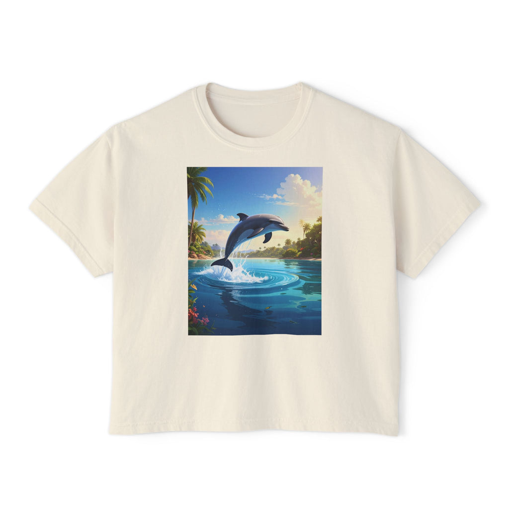 Dolphin Sunset Tee — Women's Boxy T‑Shirt, Tropical Ocean Jump Graphic