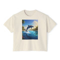 Dolphin Sunset Tee — Women's Boxy T‑Shirt, Tropical Ocean Jump Graphic