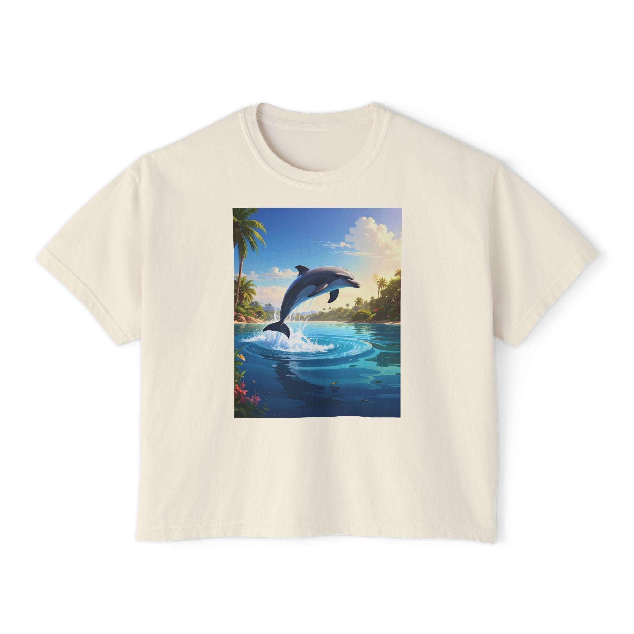 Dolphin Sunset Tee — Women's Boxy T‑Shirt, Tropical Ocean Jump Graphic