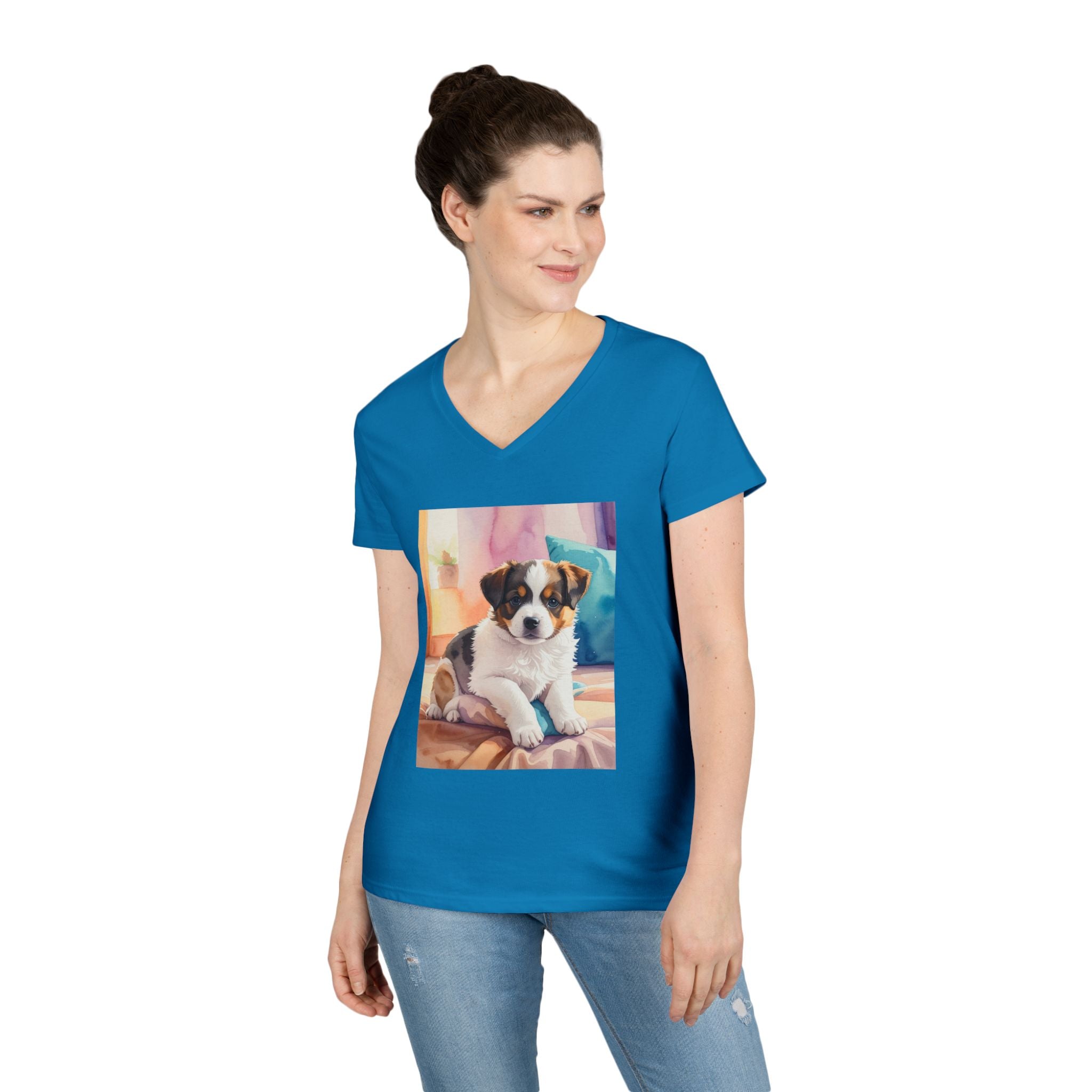 Puppy-Women’s V-Neck Tee — Cute Puppy Photo Graphic Dog Lover Shirt