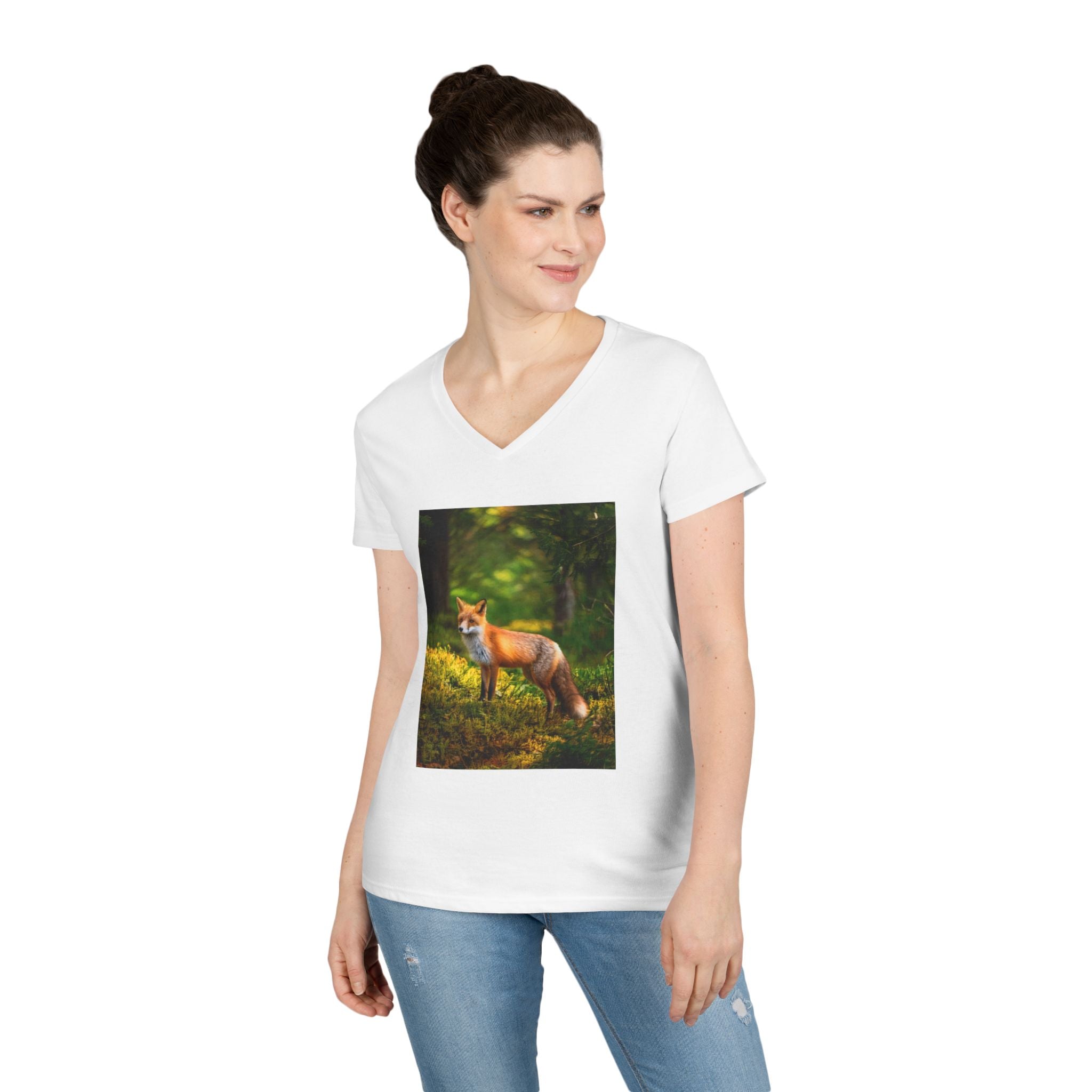 Fox Forest V-Neck T-Shirt — Scenic Red Fox Nature Tee