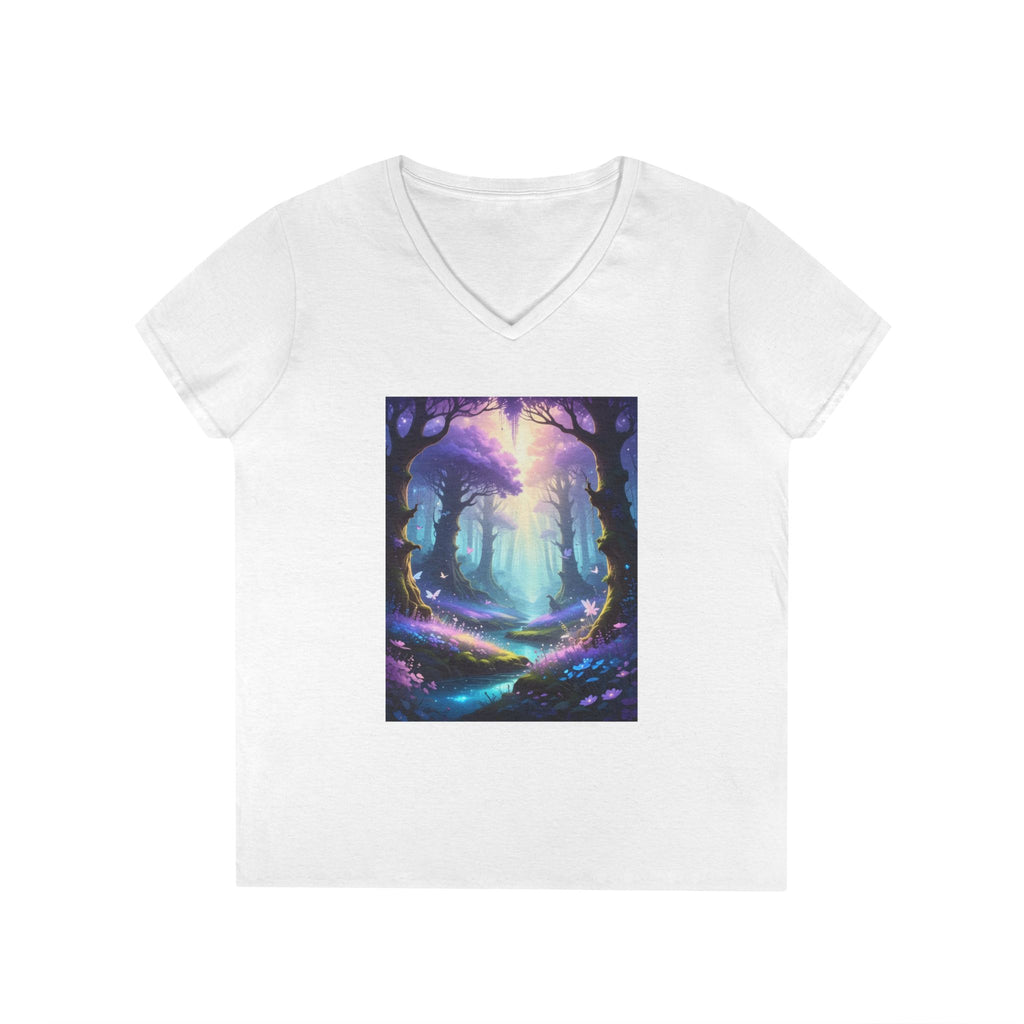 Mystical Forest V-Neck Tee — Enchanted Pathway Graphic for Women