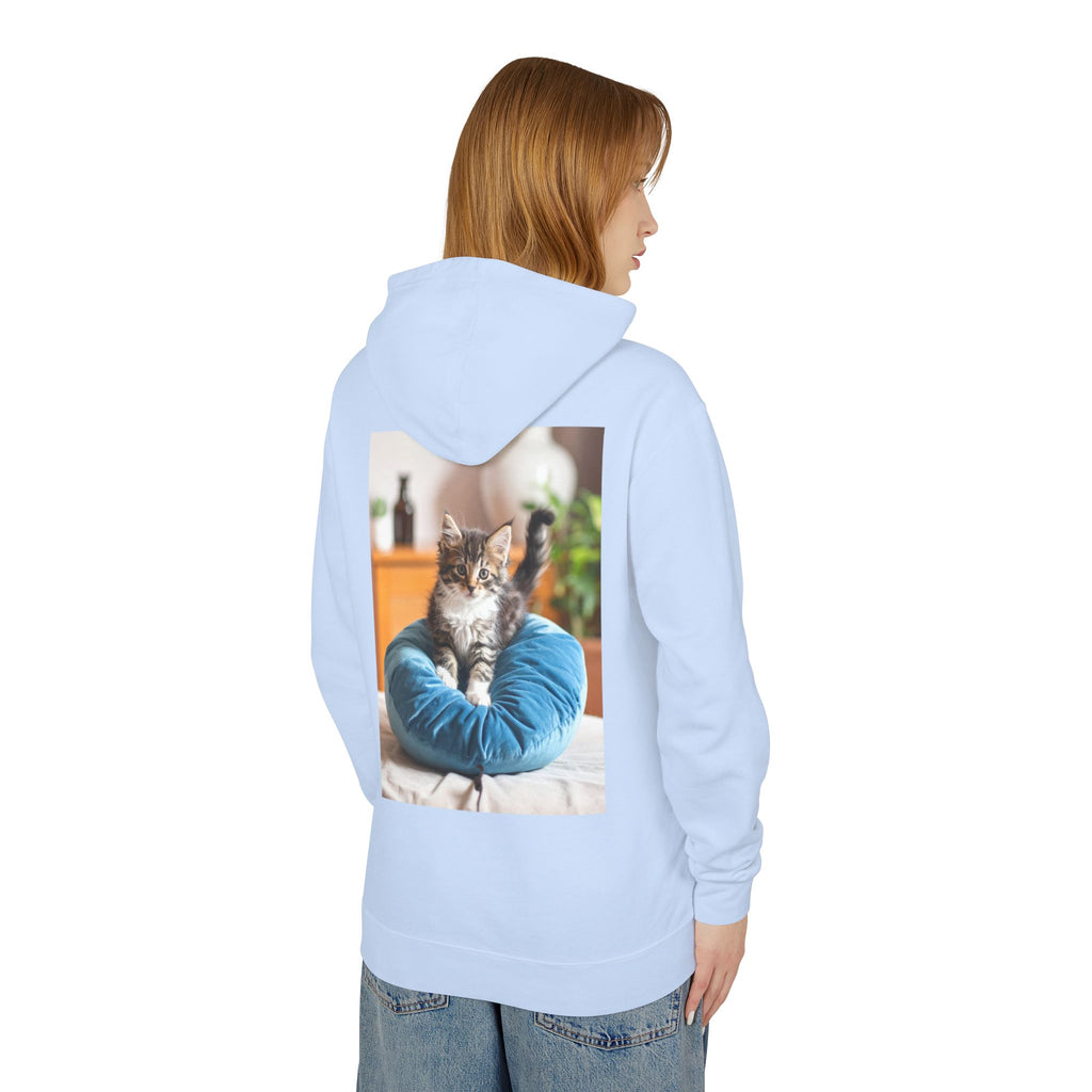 Kitten Photo Hoodie — Cozy Cat on Blue Cushion Pullover