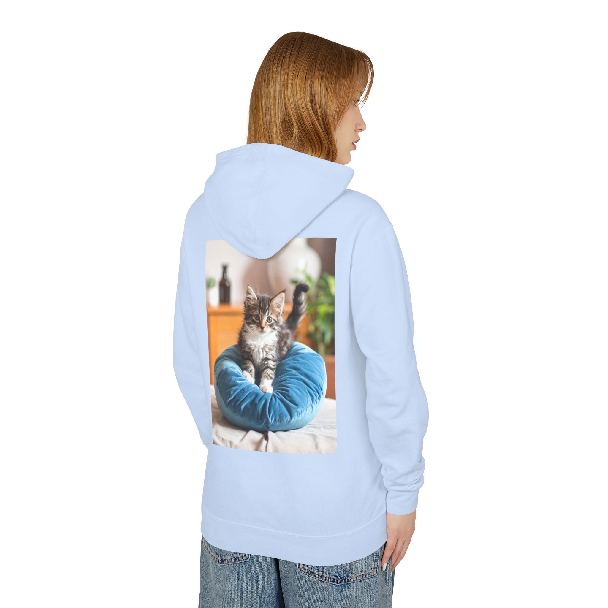 Kitten Photo Hoodie — Cozy Cat on Blue Cushion Pullover