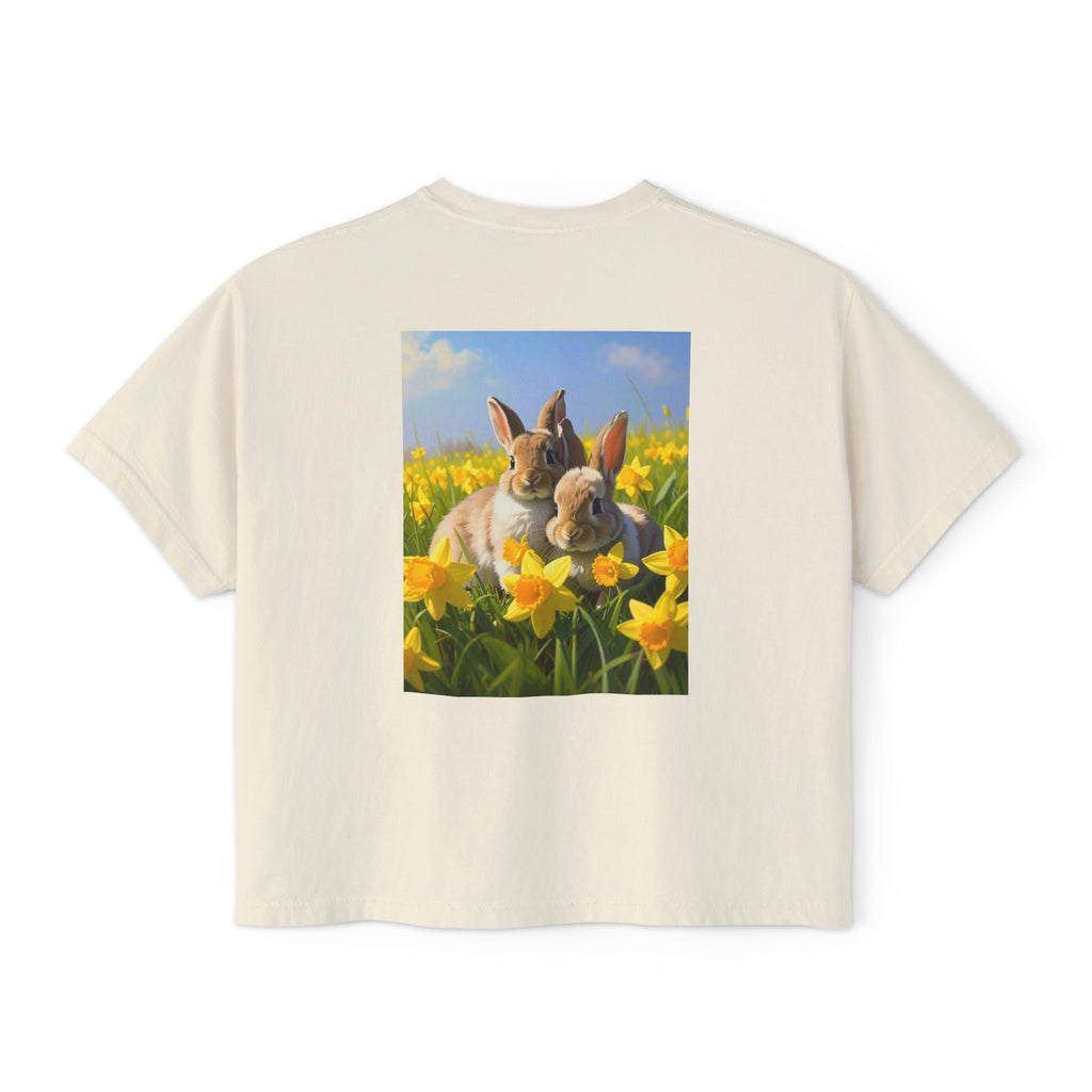 Bunny & Daffodils Women's Boxy Tee — Cute Spring Rabbit Graphic Shirt